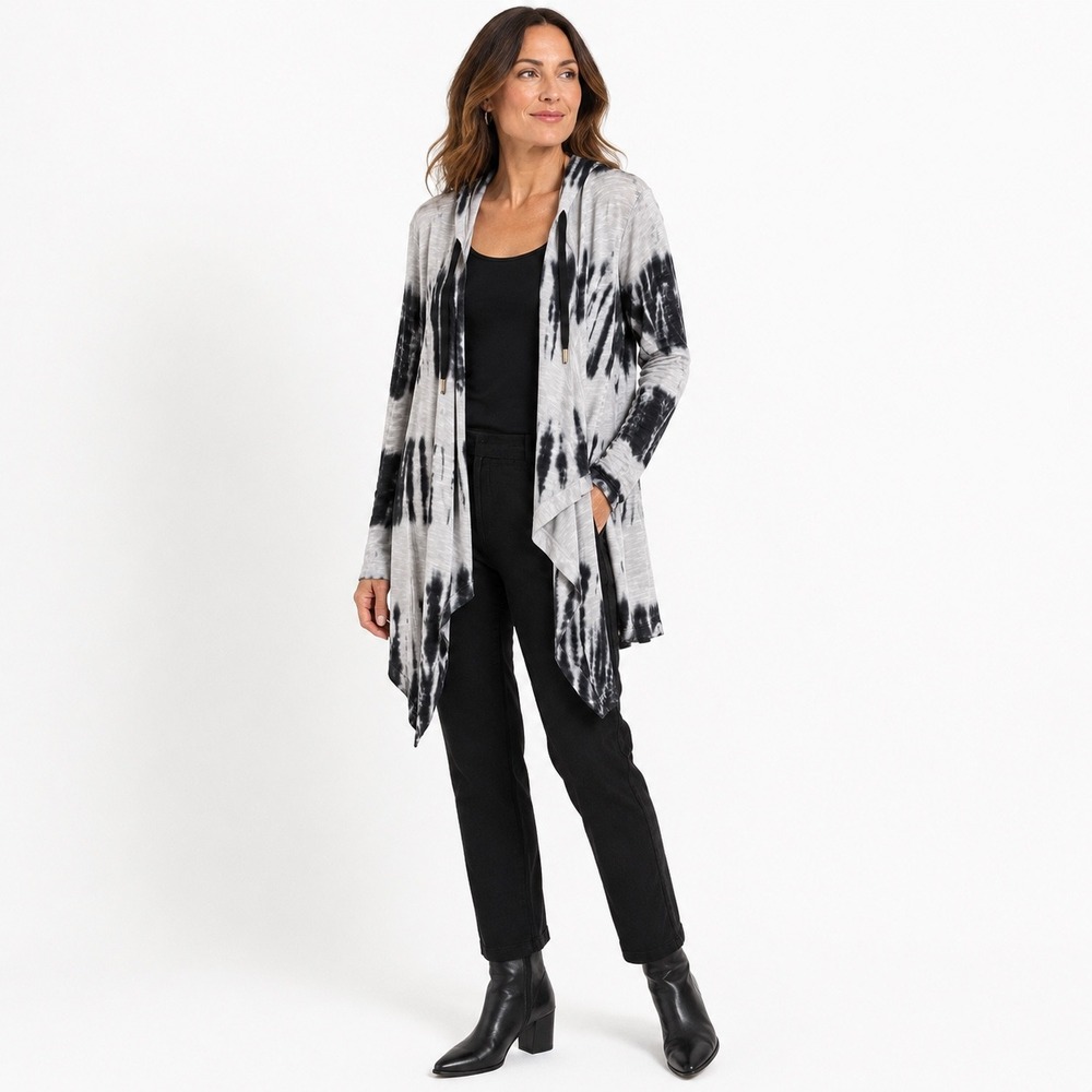XCVI Tie Dye Hooded Cardigan M Black Gray Open Front Boho Asymmetrical Lagenlook